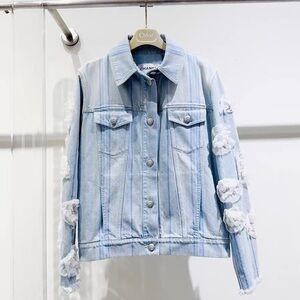 Authentic Chanel Blue Denim Jacket with White Floral Details